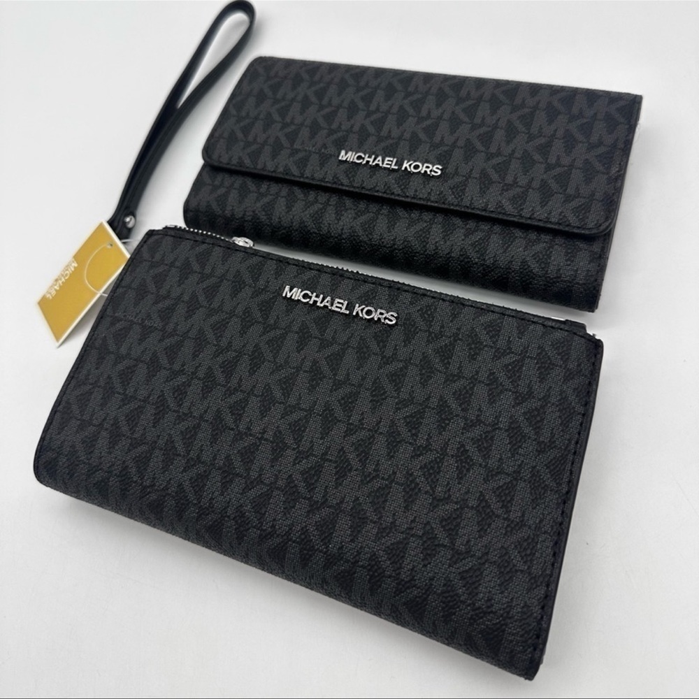 Michael Kors Large Double Zip Wallet Wristlet & Trifold Wallet Black